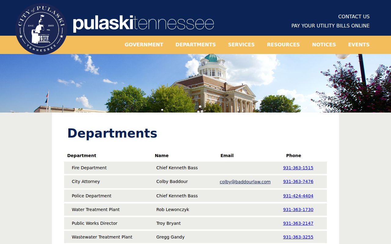 Pulaski warrant records contact, Pulaski police and city departments