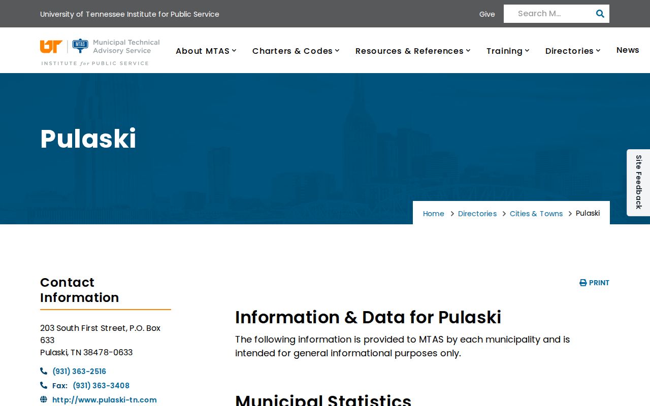 Pulaski warrant records court contact, MTAS municipal directory