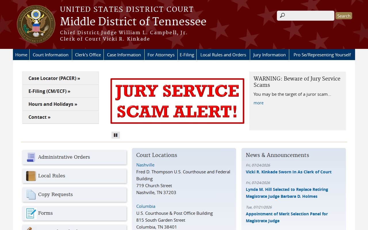 Giles County most wanted distinction, Middle District of Tennessee federal court