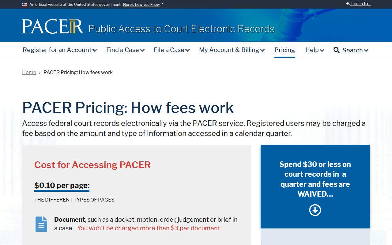 Giles County federal case access context, PACER public docket pricing